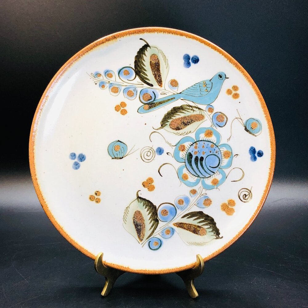 Vintage Ken Edwards Tonala Pottery Plate, Blue Bird Butterfly Florals Folk Art